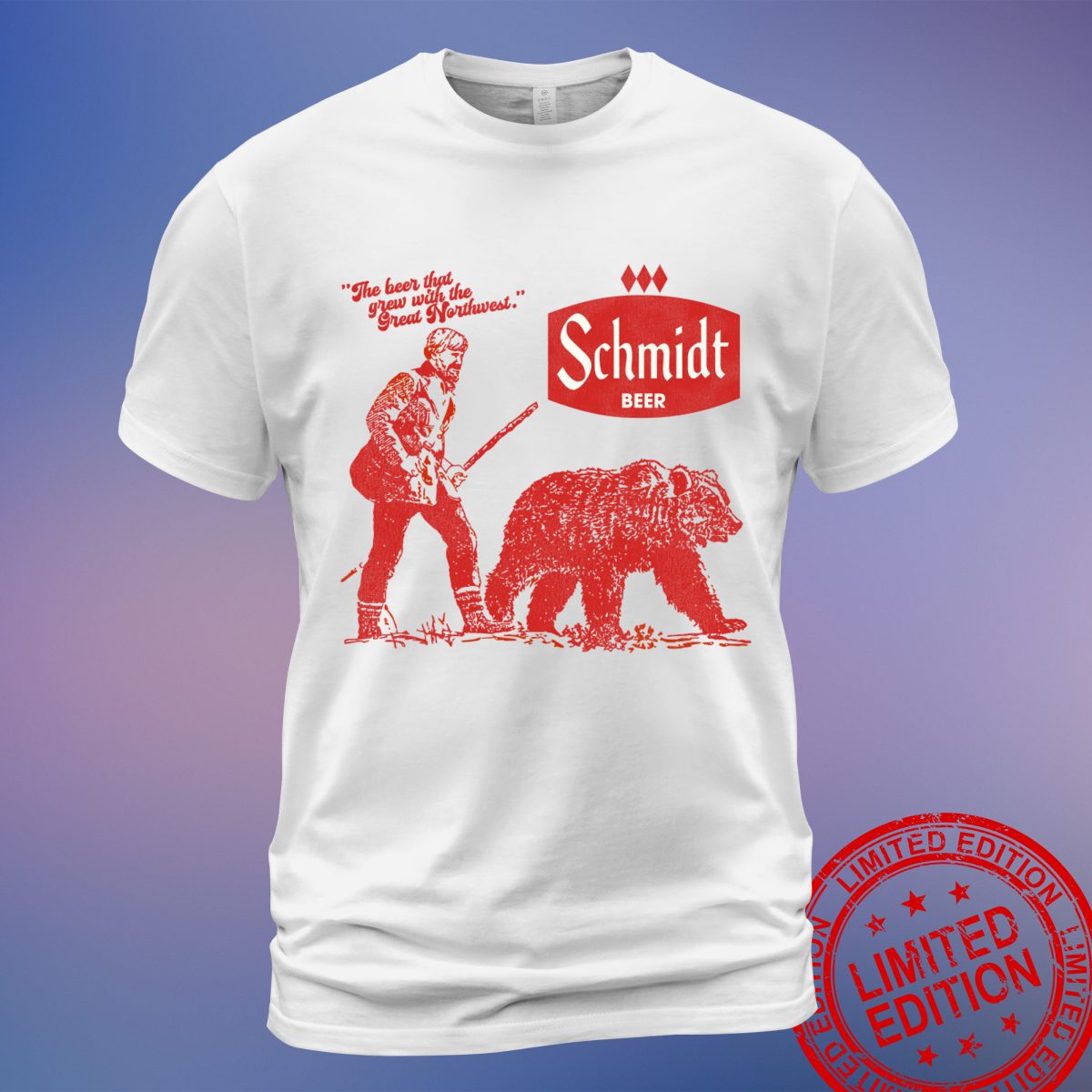 Schmidt Grizzly Man T-Shirt - Defunct Beer Graphic with Retro Style - Sweatshirt, Hoodie